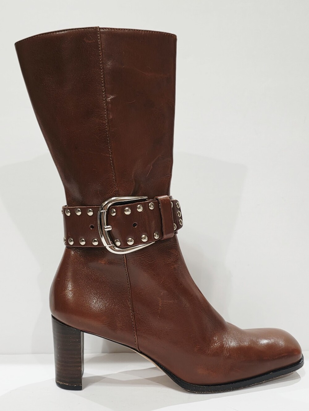 Antonio Melani STUDDED Brown Leather Boot Heel Buckle Strap Zipper 7.5 M Used